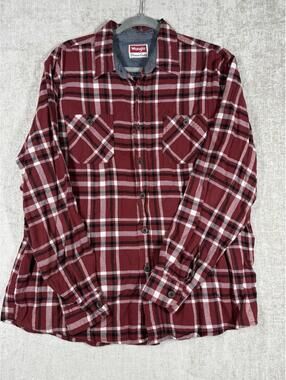 Wrangler Men's Red Plaid Flannel Shirt Button Up Long‎ Sleeve Pockets Size XL
